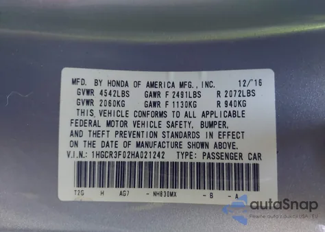 2017 Honda Accord Ex-L V6 from USA, damaged, VIN 1HGCR3F02HA021242